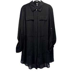 Chicos Black Label Tunic Top L Button Sheer Black Pockets Roll Tab Gothic Grunge